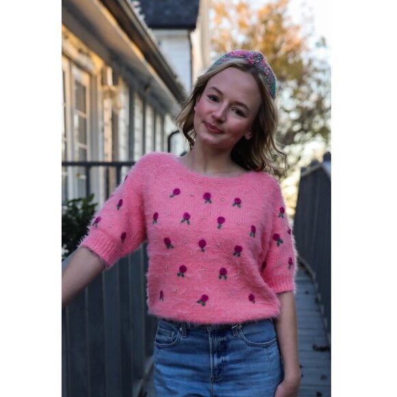 FREE PEOPLE Winter Blooms Appliqué Short Sleeve Sweater in Quartz Pink Combo - Picture 1 of 7